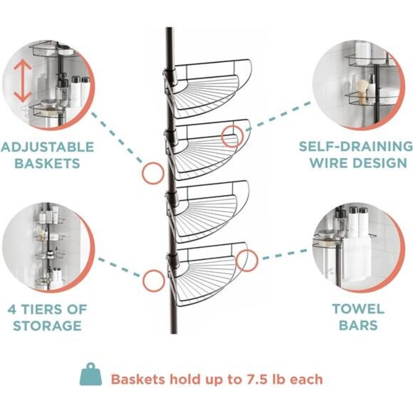 Home Tension Pole Shower Caddy, Adjustable Corner Shower Storage System - Picture 3 of 7